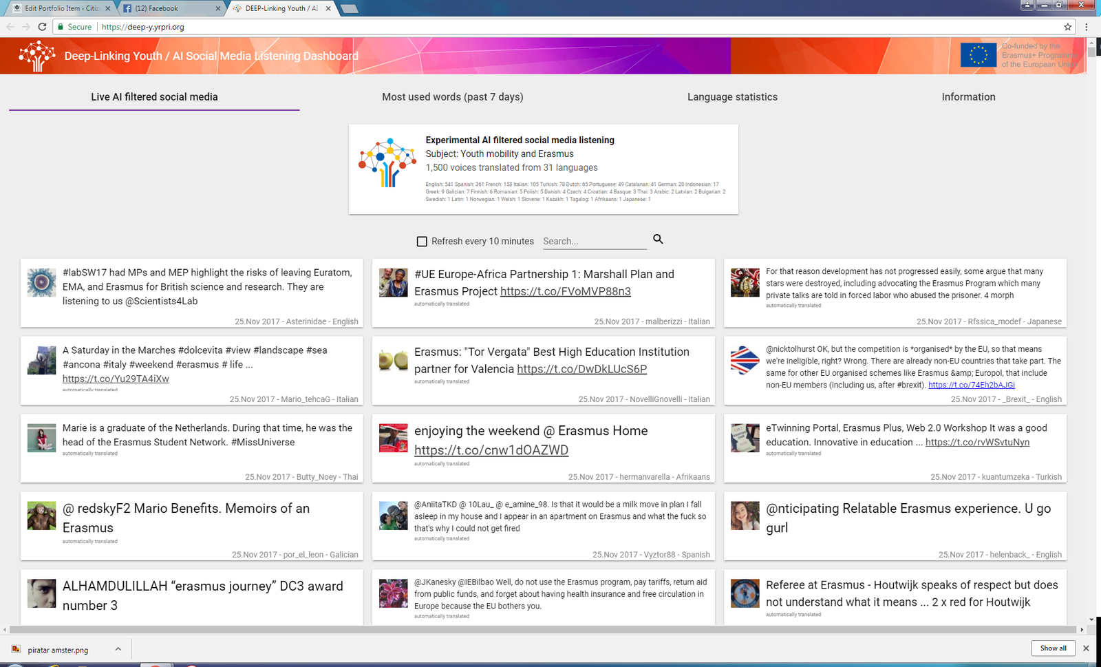 The DEEP-Linking Youth Active Citizen Dashboard showing AI-filtered social media listening across languages